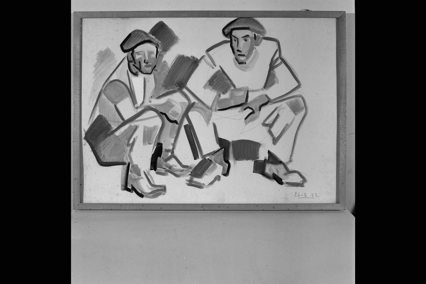 figure maschili sedute (dipinto) di Cacciaguerra Franco (sec. XX)