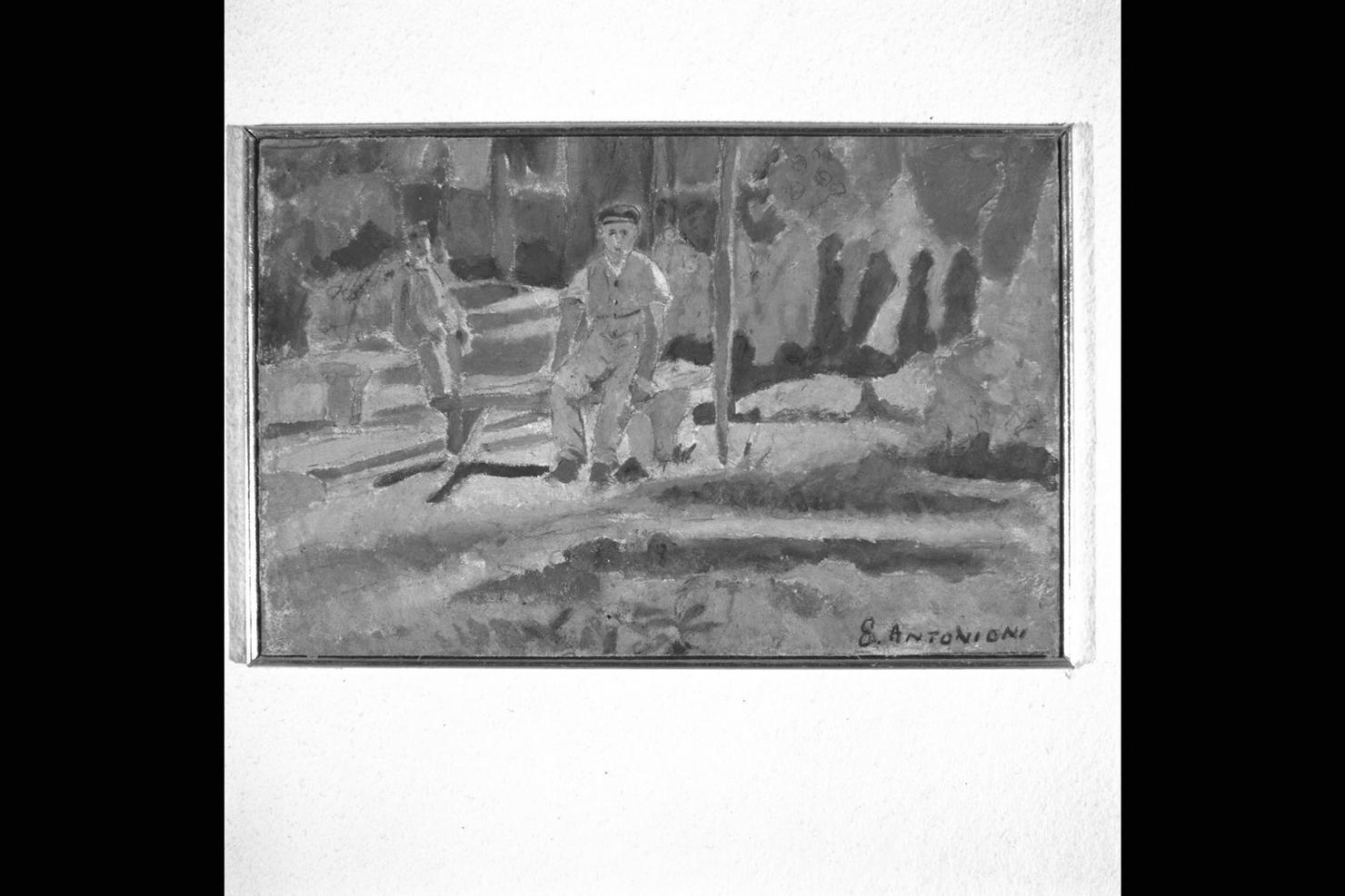 giardino con figure maschili e panchine (dipinto) di Antonioni Emilio (sec. XX)