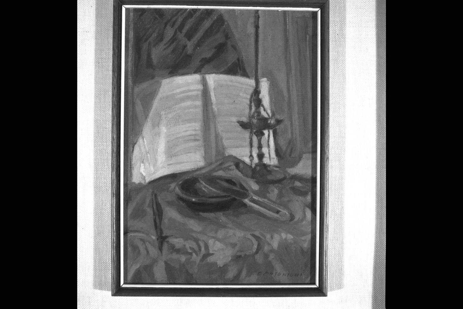 La lumiera, natura morta con libro (dipinto) di Antonioni Emilio (sec. XX)