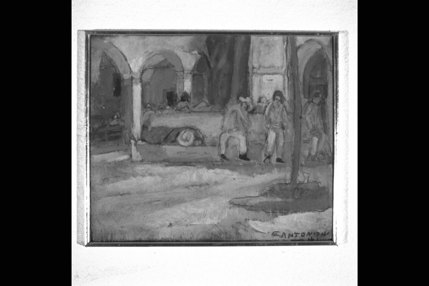 giardino con figure umane e automobile (dipinto) di Antonioni Emilio (sec. XX)