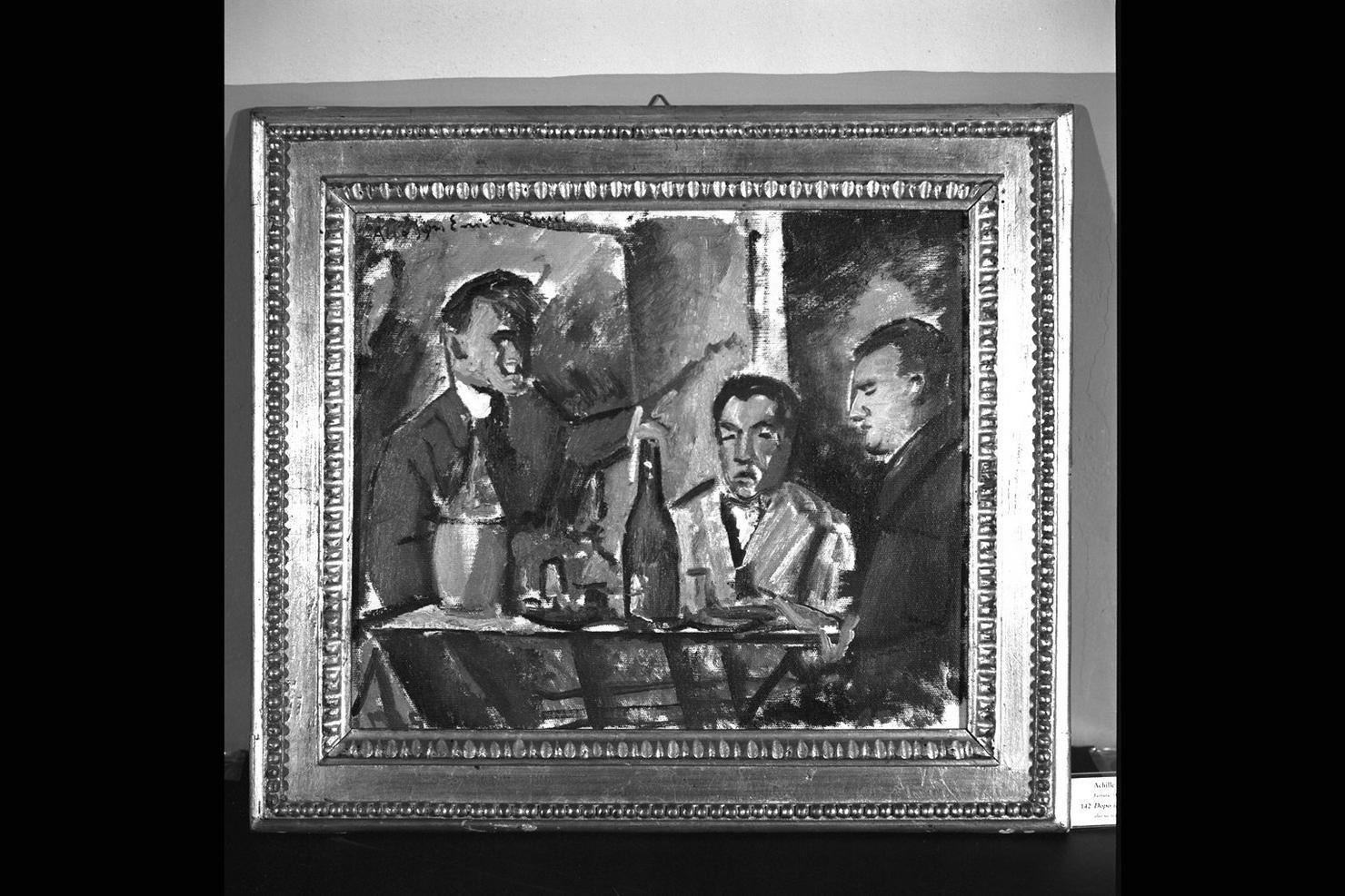 Dopo il pranzo, figure maschili attorno a un tavolo (dipinto) di Funi Achille (sec. XX)