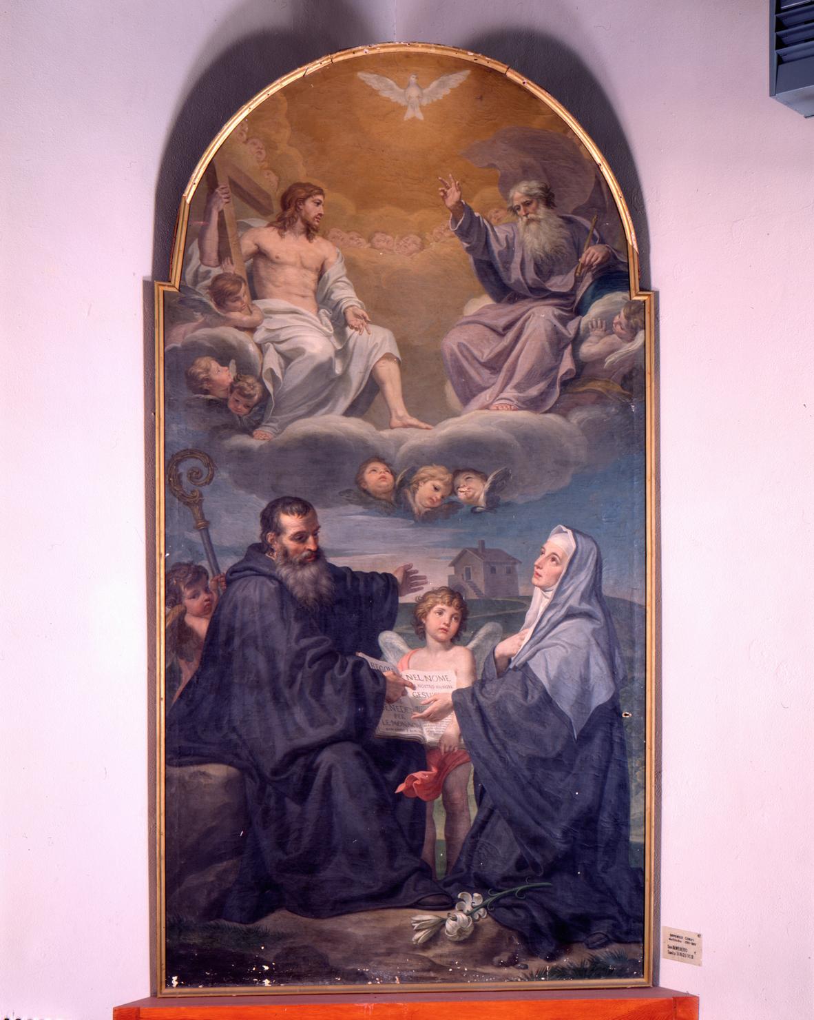 Trinità con San Benedetto e Santa Scolastica (dipinto) di Corvi Domenico (sec. XVIII)