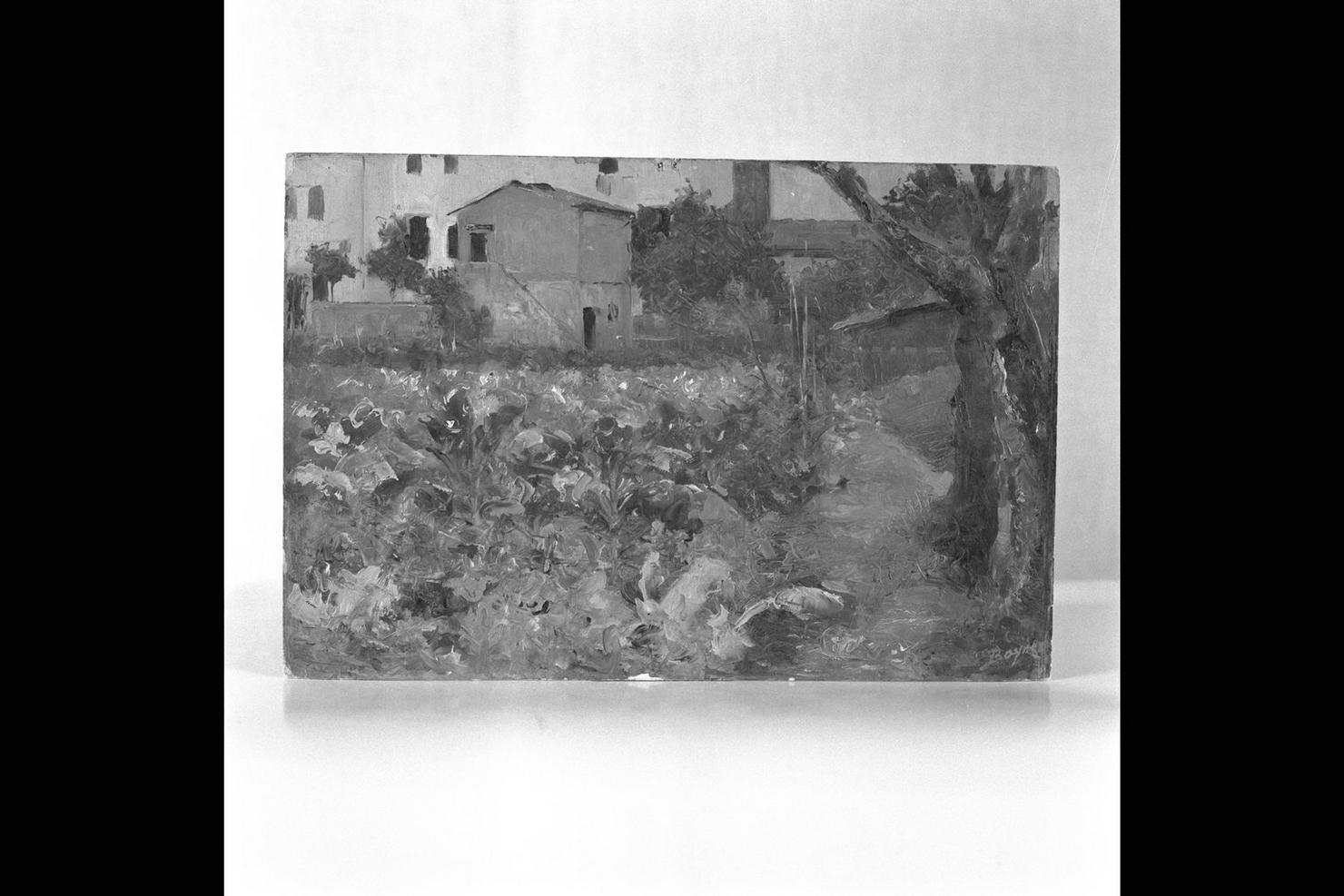 Orto nella vecchia via Frusa a Firenze, paesaggio con abitazioni e orto (dipinto) di Baynes Gualtiero (inizio sec. XX)