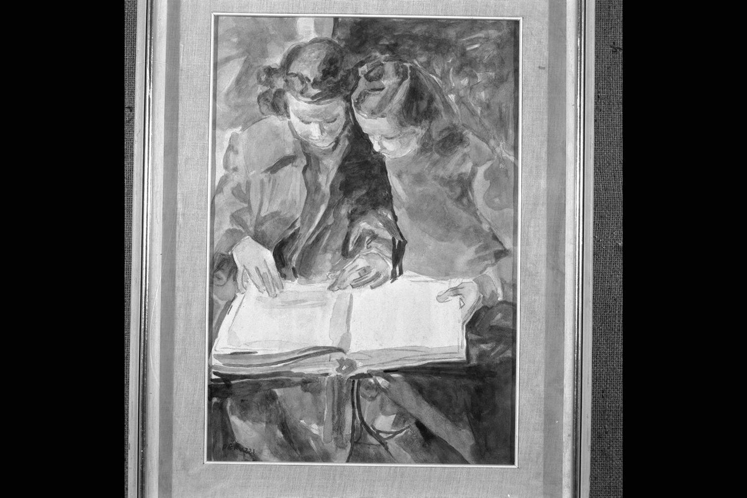 figure di bambine con libro (dipinto) di Peruzzi Cesare (sec. XX)
