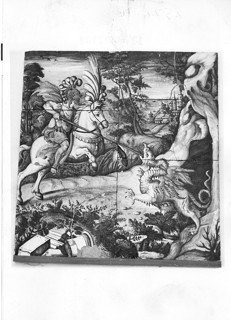 San Giorgio e il drago (lastra) - bottega urbinate (sec. XVII)