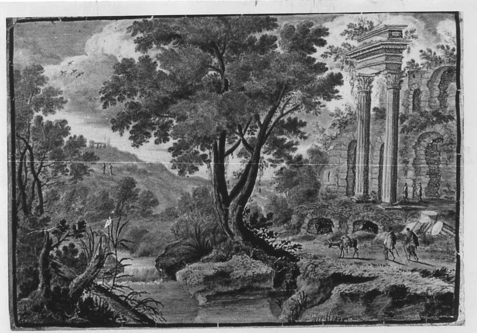 paesaggio con rovine (mattonella) di Grue Francesco Antonio Saverio (sec. XVIII)