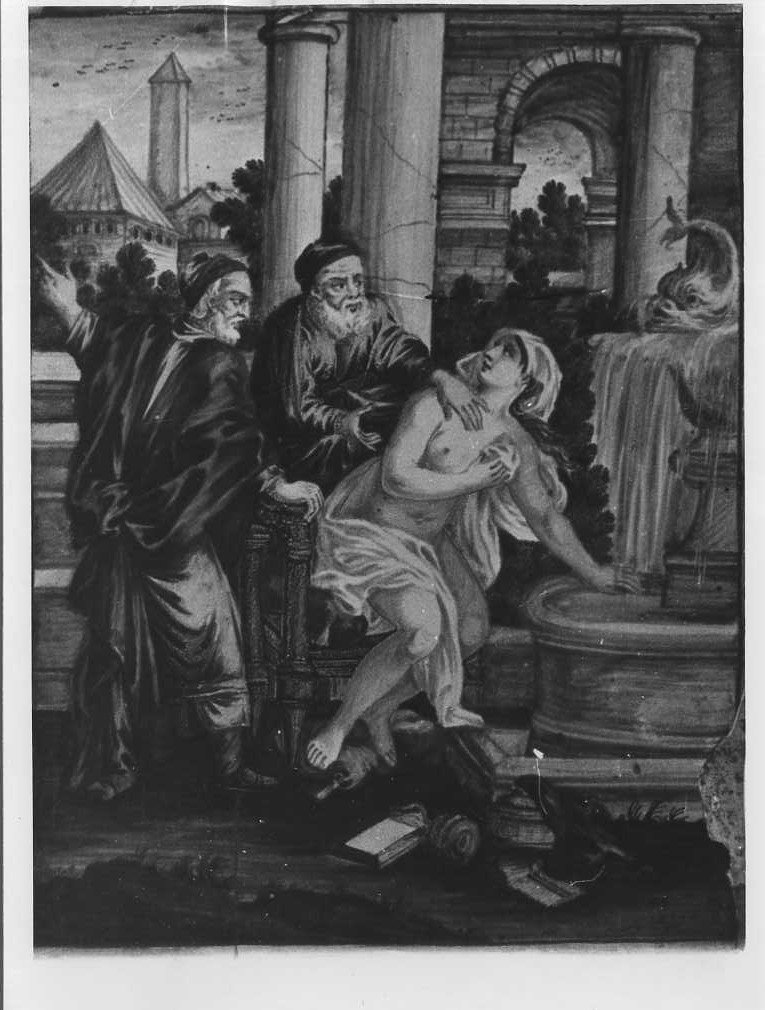 Susanna e i vecchi (mattonella) di Grue Liborio (bottega) (sec. XVIII)