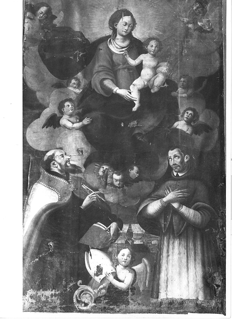 Madonna con Bambino in gloria con Sant'Agostino e San Carlo Borroemo (dipinto) di Malpiedi Domenico (attribuito) (sec. XVII)