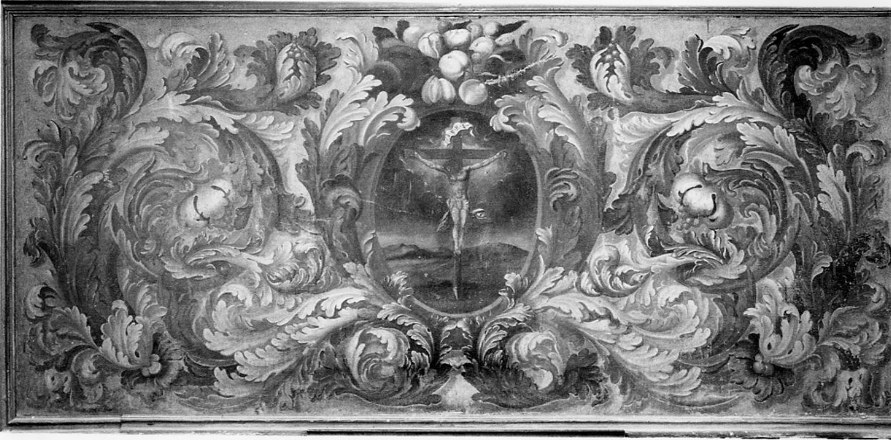 Cristo crocifisso tra motivi vegetali con melagrana (dipinto) - ambito ascolano (sec. XVIII)
