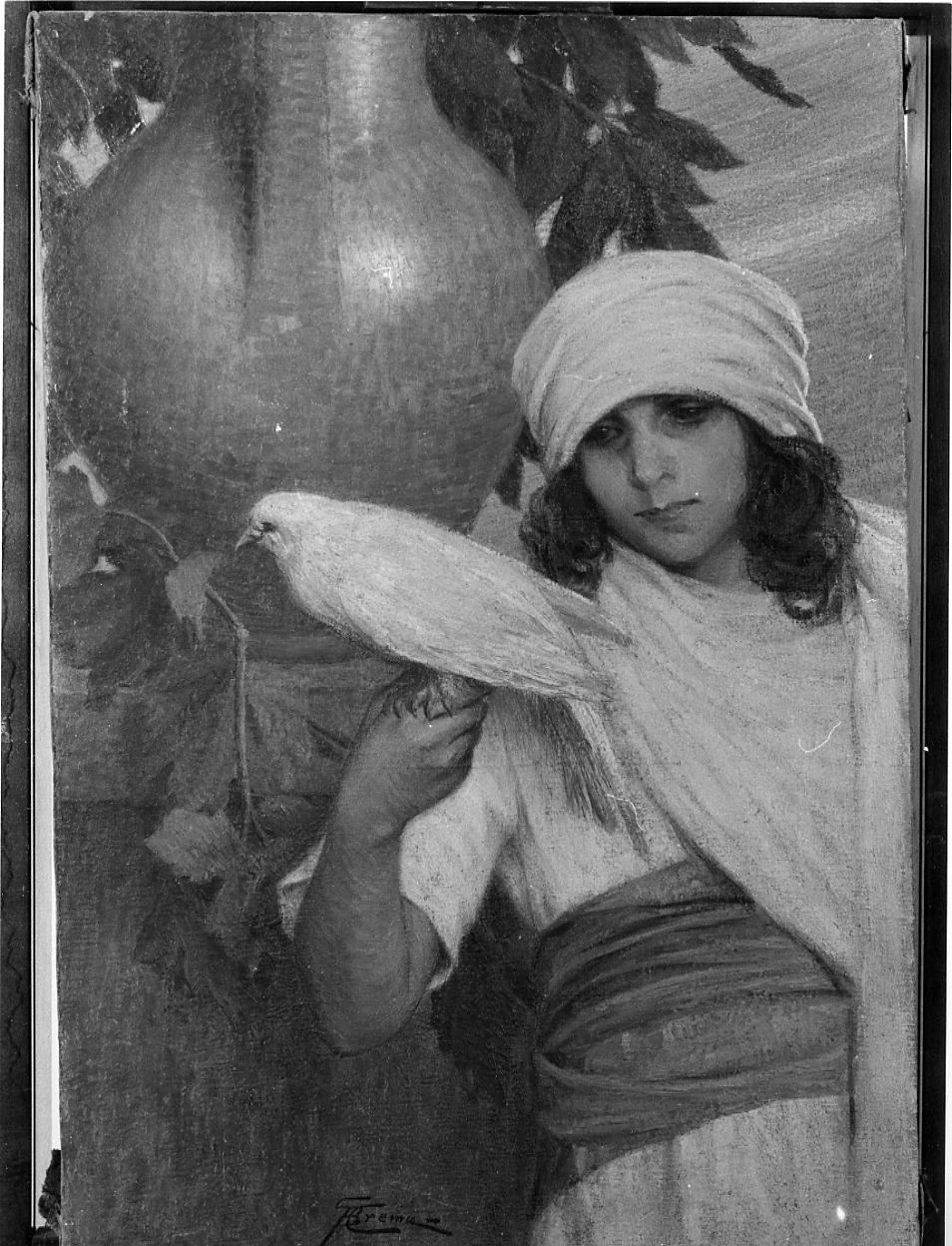 la ragazza con colomba bianca, ragazza con copricapo e colomba bianca in mano (dipinto) di Crema Giovanni Battista (sec. XX)