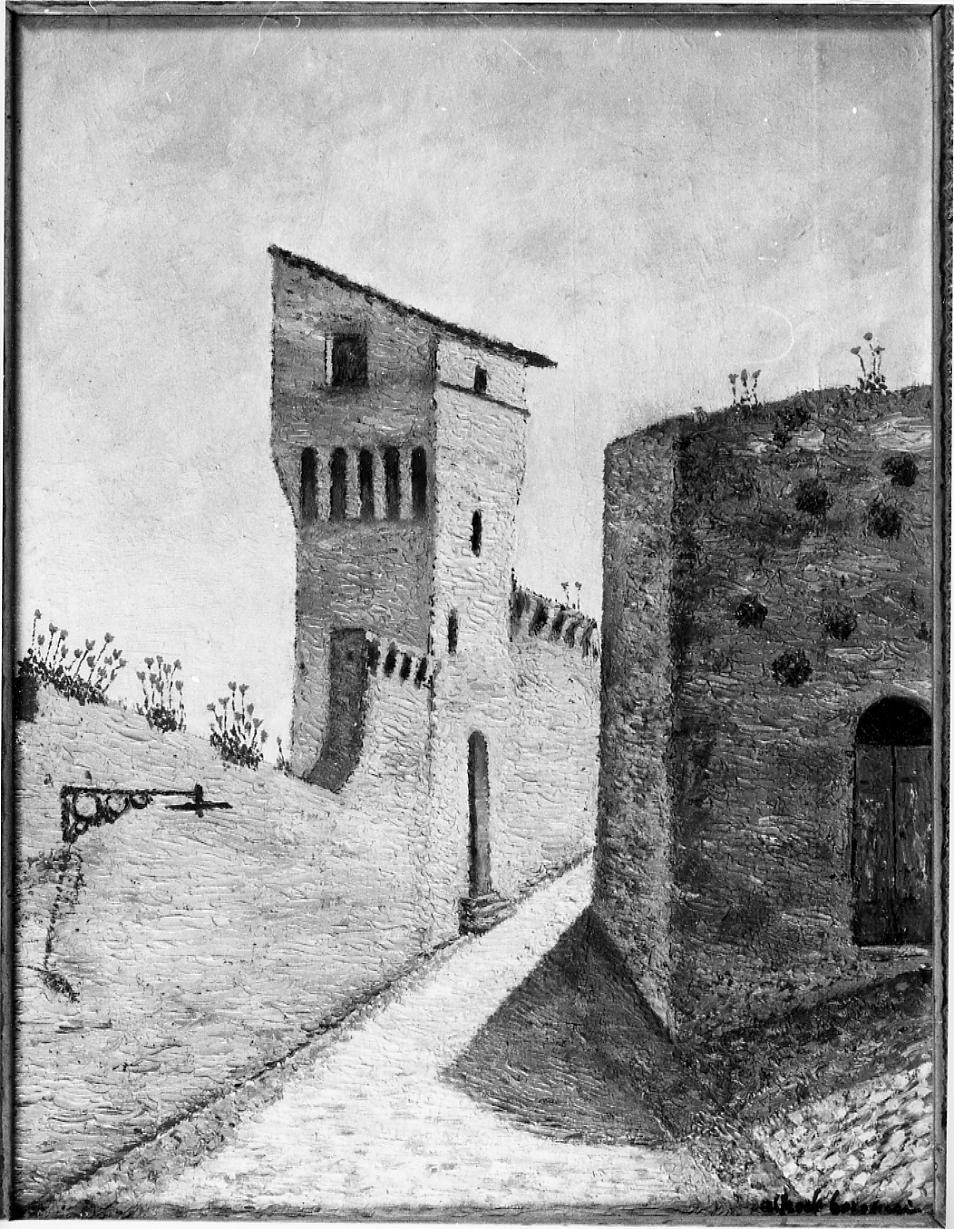 Povere torri, veduta della cinta muraria di Fermo (dipinto) di Borghesi Alfredo (sec. XX)