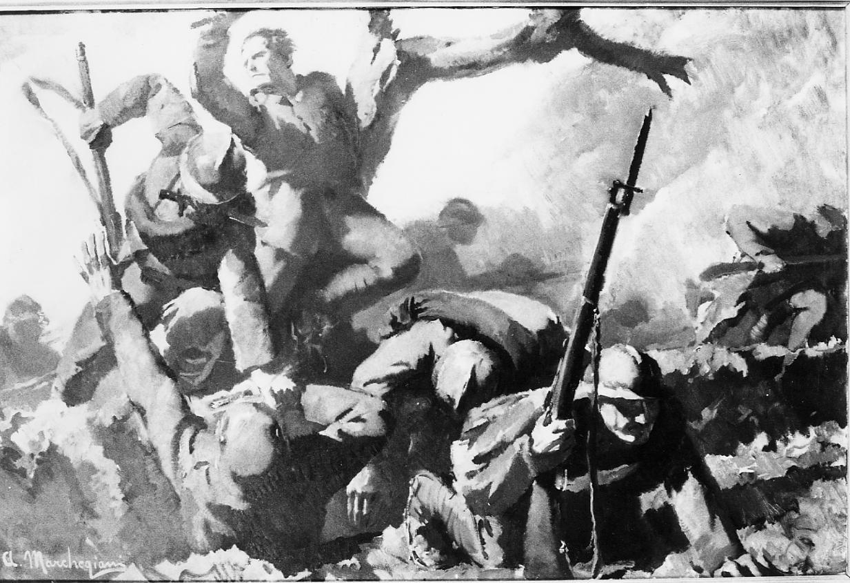 eroica fine del cappellano militare Pacifico Arcangeli di Treia, scena di battaglia (dipinto) di Marchegiani Armando (sec. XX)