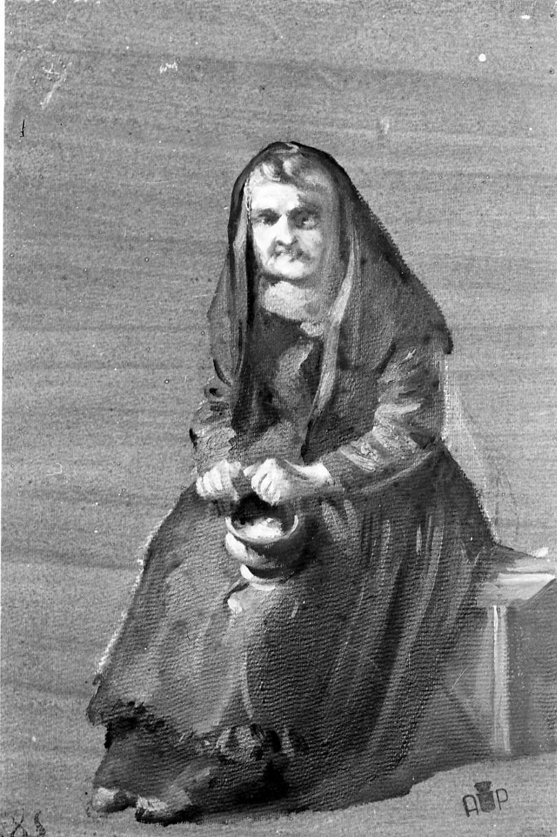 Vecchietta con scaldino, anziana figura femminile con scaldino (dipinto) di Gabrielli Giulio (ultimo quarto sec. XIX)