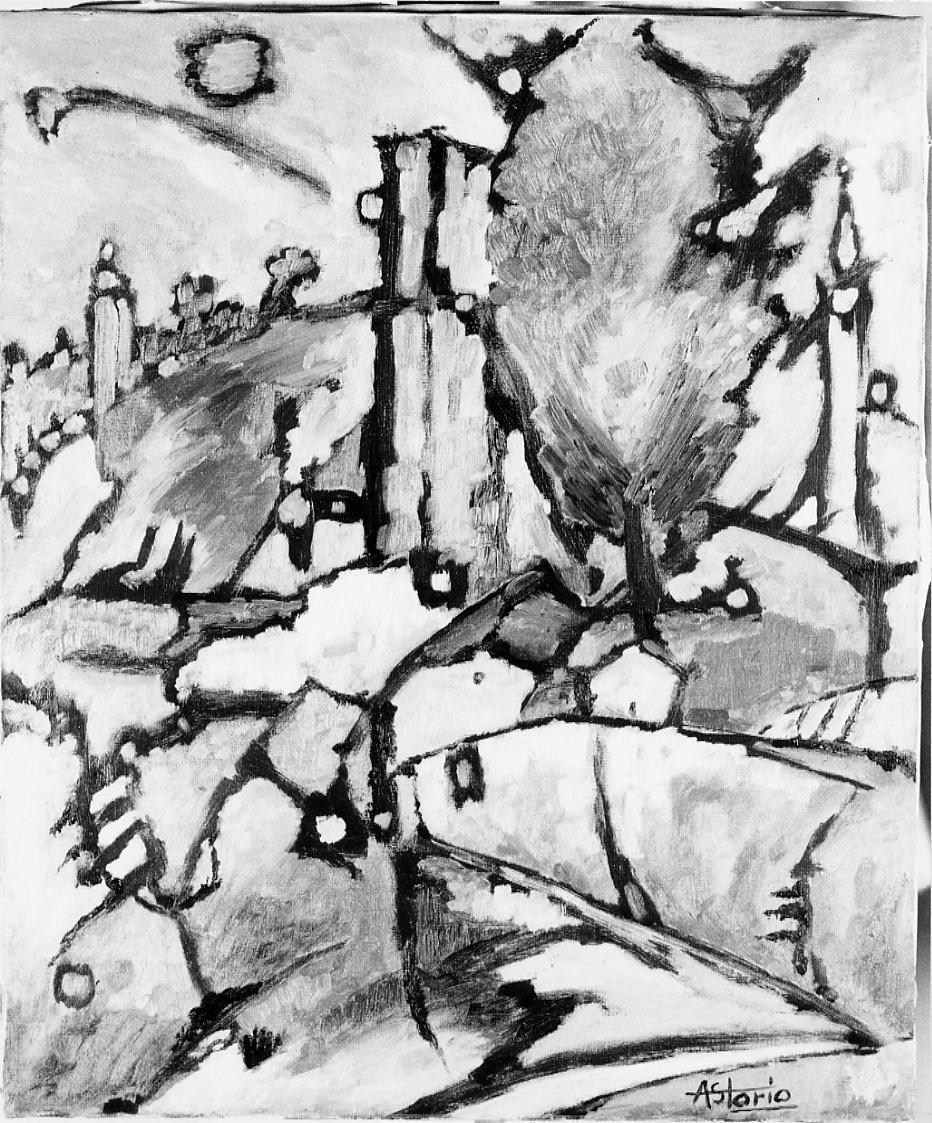 blu e verdi di Ascoli, paesaggio con architetture (dipinto) di Trinchera Ariosto (metà sec. XX)