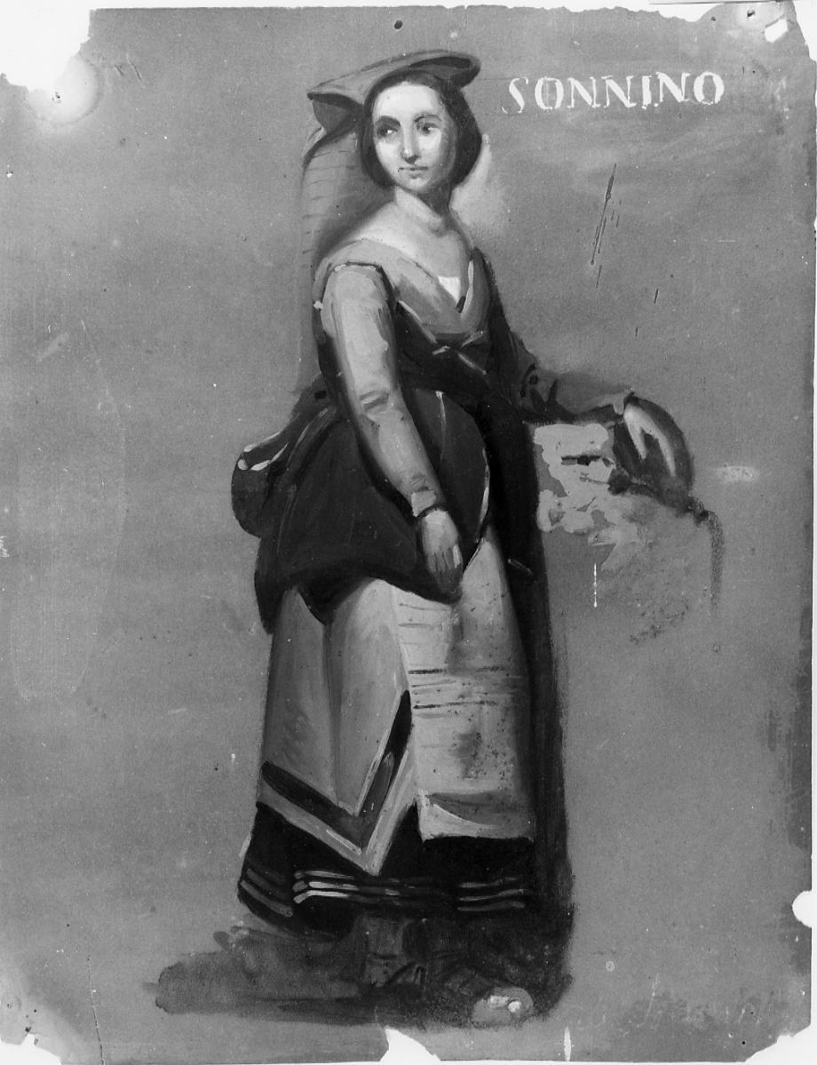 Sonnino, figura femminile con costume tipico di Sonnino (dipinto) di Gabrielli Giulio (ultimo quarto sec. XIX)