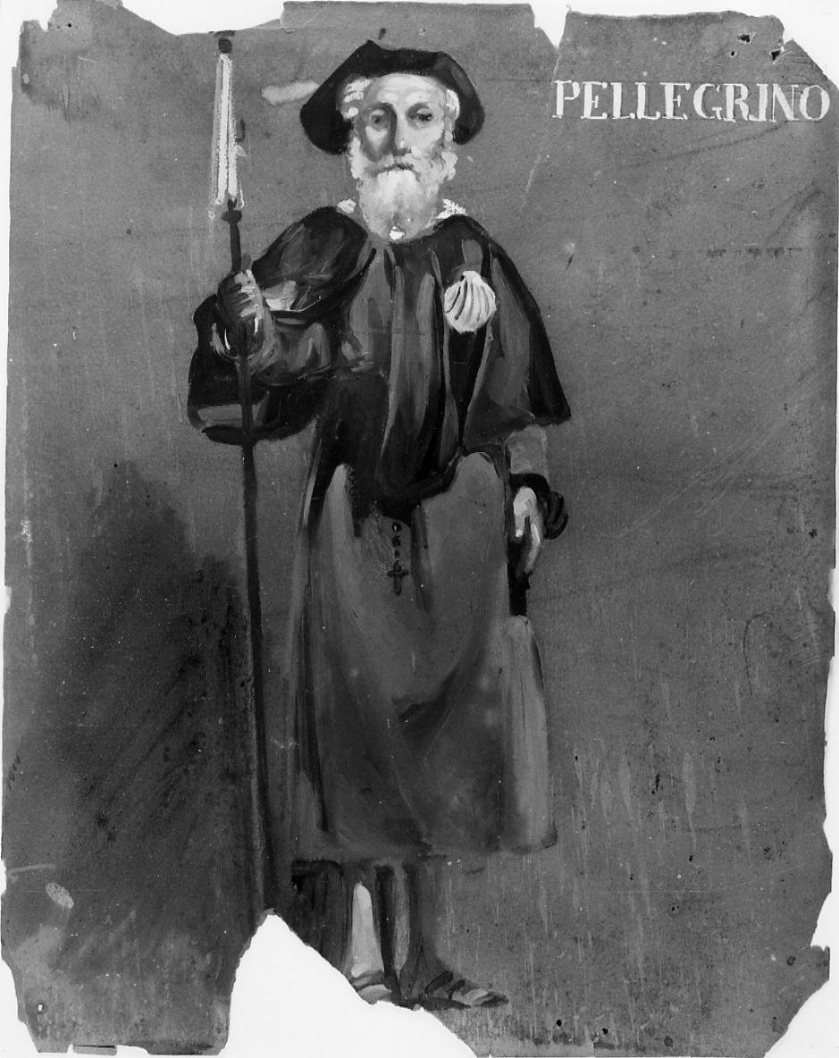 Pellegrino, anziana figura maschile con abito da pellegrino (dipinto) di Gabrielli Giulio (ultimo quarto sec. XIX)