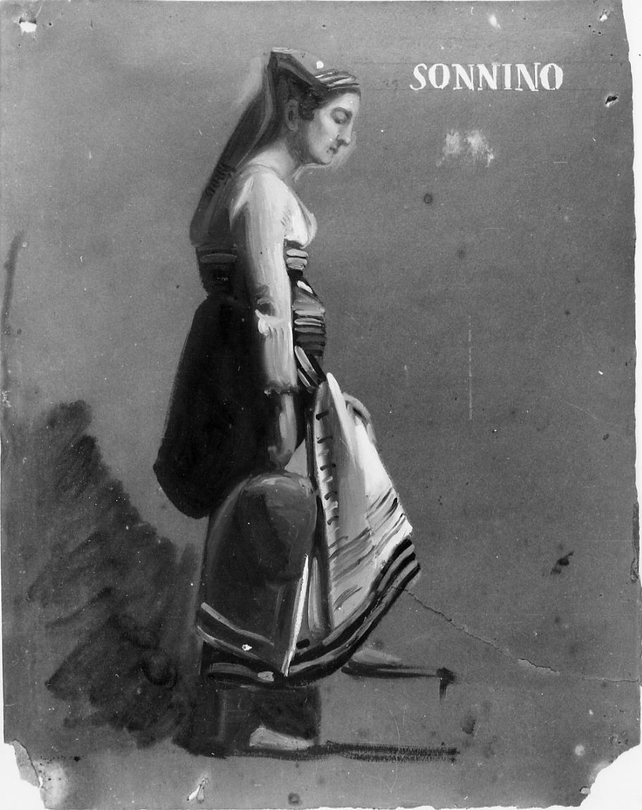 Sonnino, figura femminile con costume tipico della zona di Sonnino (dipinto) di Gabrielli Giulio (ultimo quarto sec. XIX)