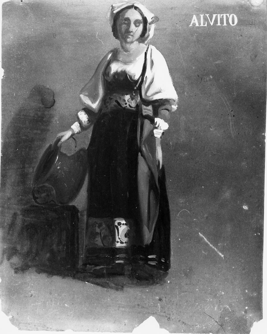 Alvito, figura femminile con costume tipico della zona di Alvito (dipinto) di Gabrielli Giulio (seconda metà sec. XIX)