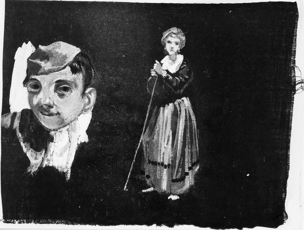 Bozzetto con figure, figura femminile in costume e viso di adolescente (dipinto) di Gabrielli Giulio (ultimo quarto sec. XIX)