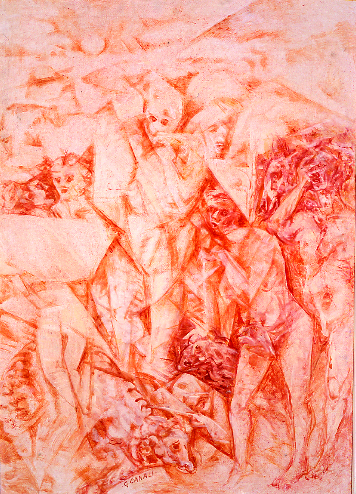 La fuga dal Vajont, figure e animali (dipinto) di Canali Giuseppe (metà sec. XX)