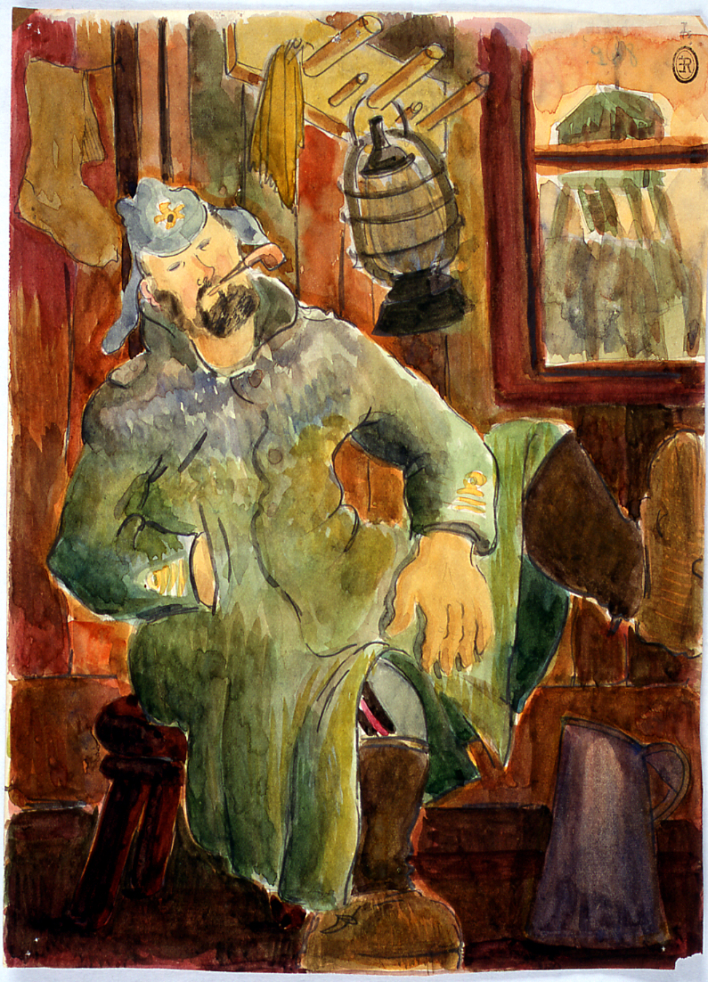 interno con soldato seduto (dipinto) di Ercolani Ernesto (sec. XX)