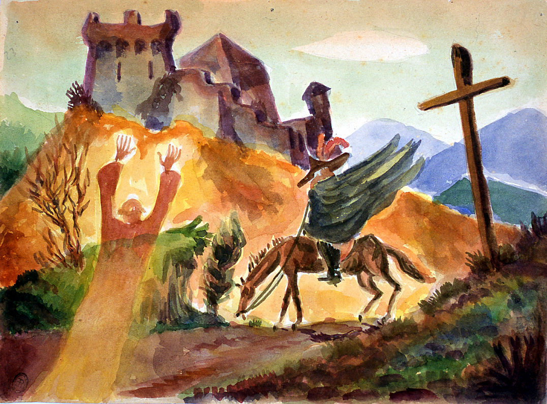 paesaggio con castello e cavaliere (dipinto) di Ercolani Ernesto (sec. XX)