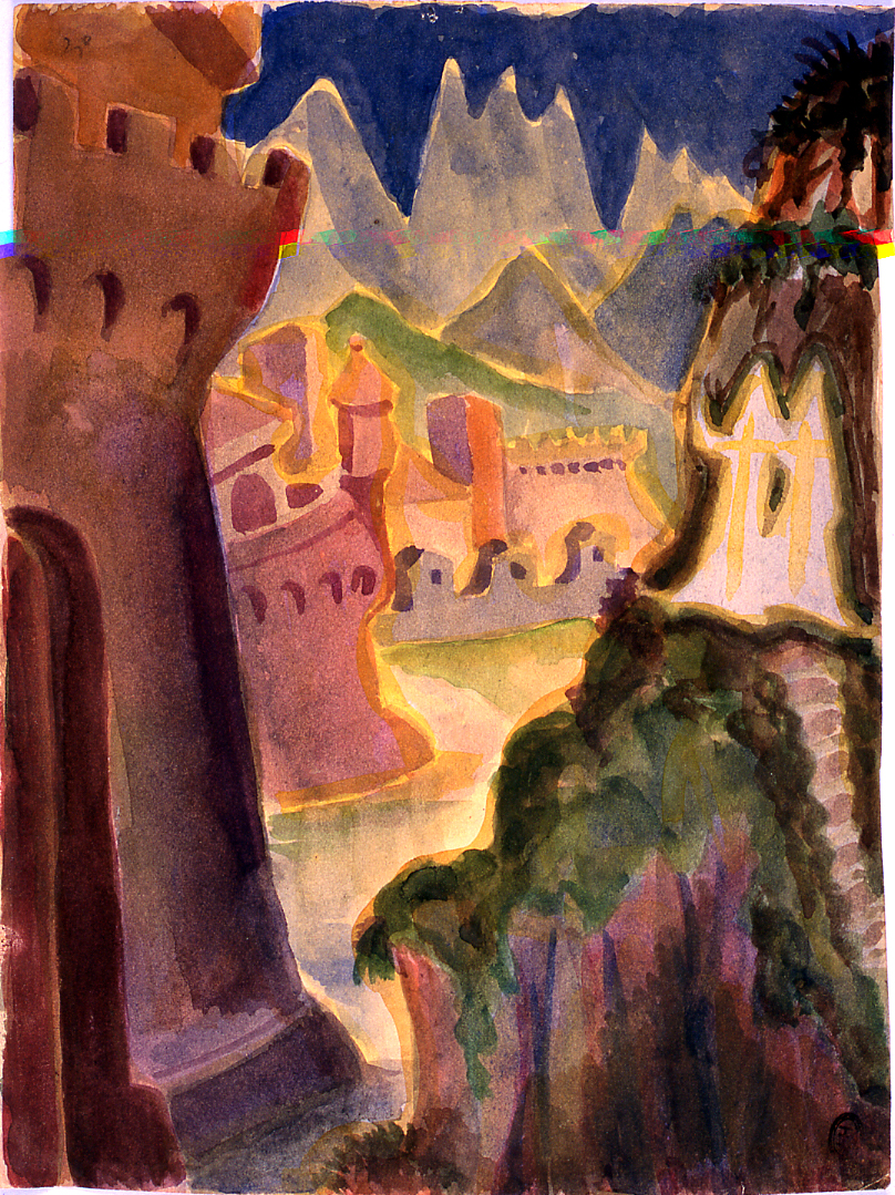 paesaggio con castello (dipinto) di Ercolani Ernesto (sec. XX)