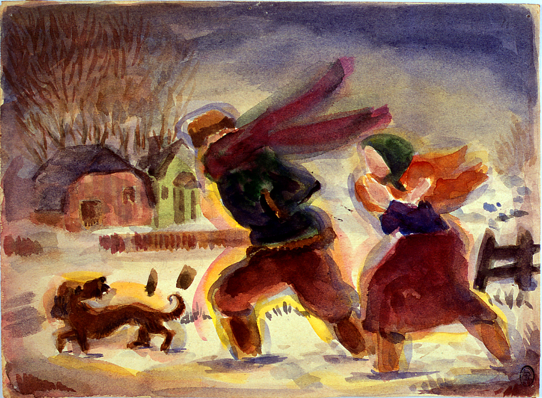 paesaggio invernale con due figure e cane (dipinto) di Ercolani Ernesto (sec. XX)