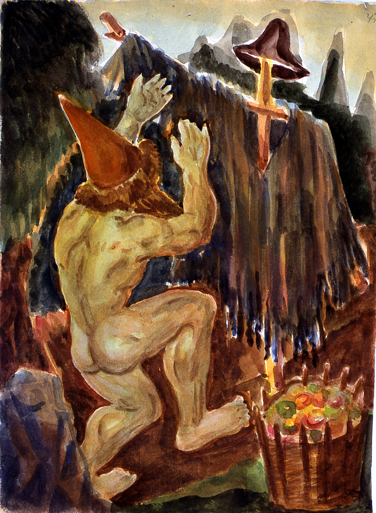 figura maschile nuda con spaventapasseri (dipinto) di Ercolani Ernesto (sec. XX)