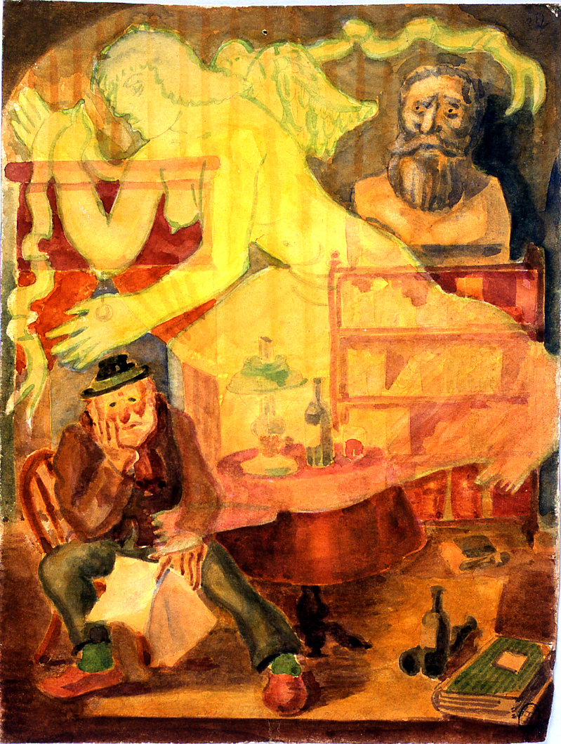 figura maschile seduta e angelo (dipinto) di Ercolani Ernesto (sec. XX)