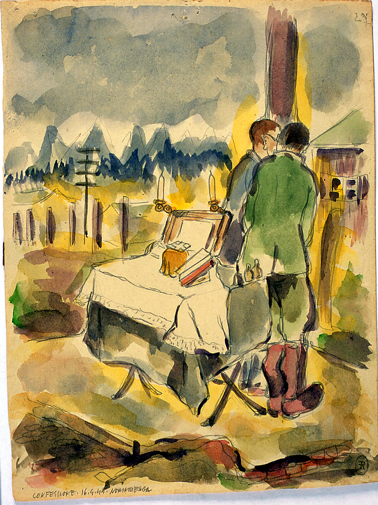 paesaggio con figure maschili (dipinto) di Ercolani Ernesto (sec. XX)