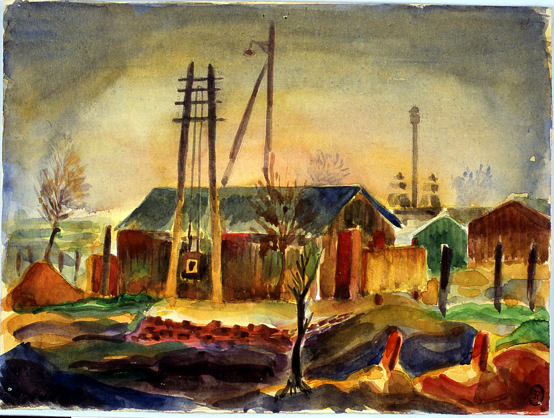paesaggio con architetture (dipinto) di Ercolani Ernesto (sec. XX)