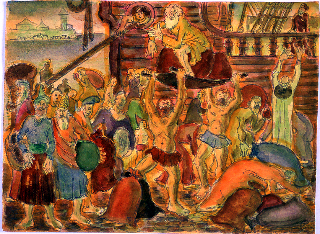 scena di genere al porto (dipinto) di Ercolani Ernesto (sec. XX)