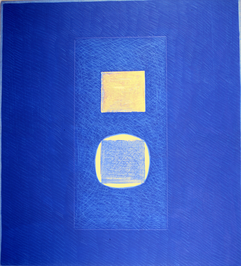 Reperti su fondo blu, motivi decorativi astratti (dipinto) di Mattei Maurizio (sec. XX)