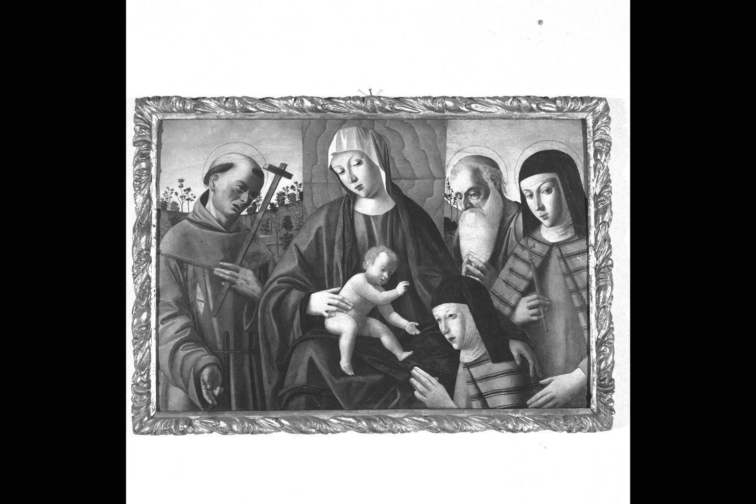 Madonna con Bambino, San Francesco d'Assisi, San Girolamo, Santa Chiara e una monaca donatrice (dipinto) di Mansueti Giovanni (primo quarto sec. XVI)