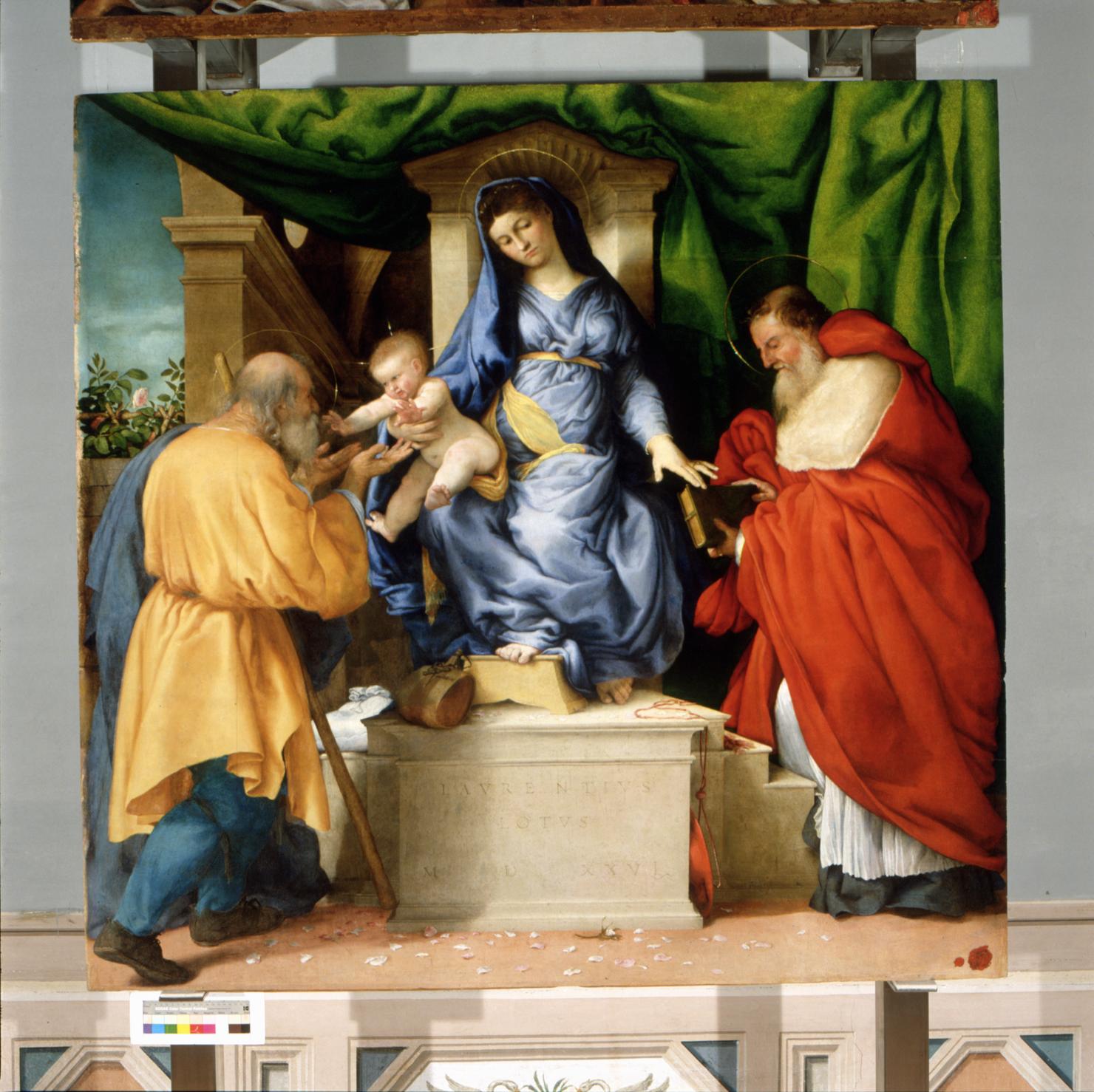 Madonna in trono con San Giuseppe e San Girolamo (dipinto, ciclo) di Lotto Lorenzo (sec. XVI)
