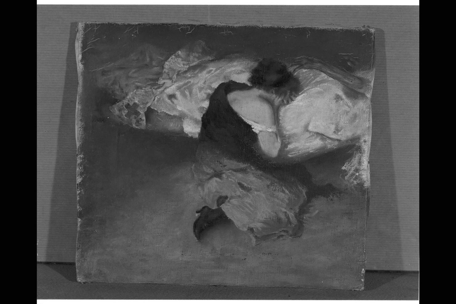 donna piangente sul letto (dipinto) di Nardi Sigismondo (fine/inizio secc. XIX/ XX)