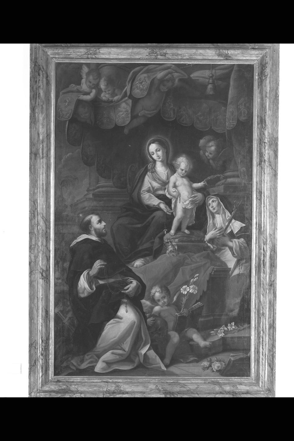 Madonna del Rosario con San Domenico e Santa Monica (dipinto) di Ricci Filippo (sec. XVIII)