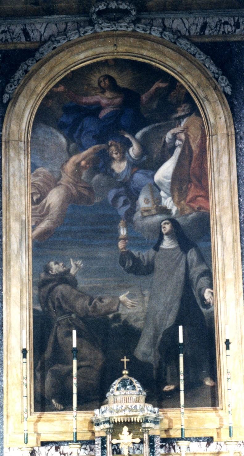 Madonna Assunta con Santa Chiara, San Francesco d'Assisi e San Niccolò (dipinto) di Pasinelli Lorenzo (attribuito) (seconda metà sec. XVII)