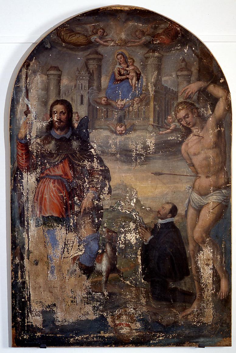 trasporto della Santa Casa a Loreto con San Rocco, San Sebastiano e committente (dipinto) di Ridolfi Claudio (scuola) (seconda metà sec. XVII)
