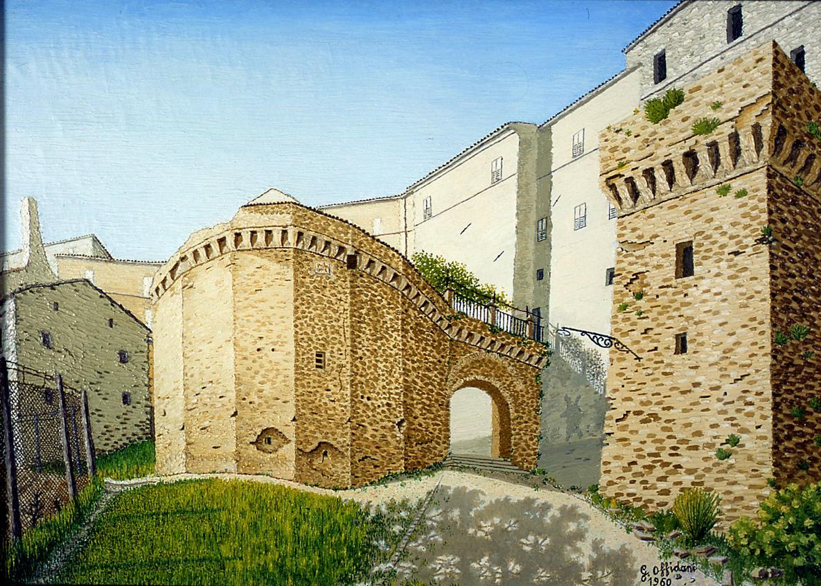 Sant'Elpidio a Mare: Porta Canale, veduta di Porta Canale a Sant'Elpidio a Mare (dipinto) di Offidani Germano (sec. XX)