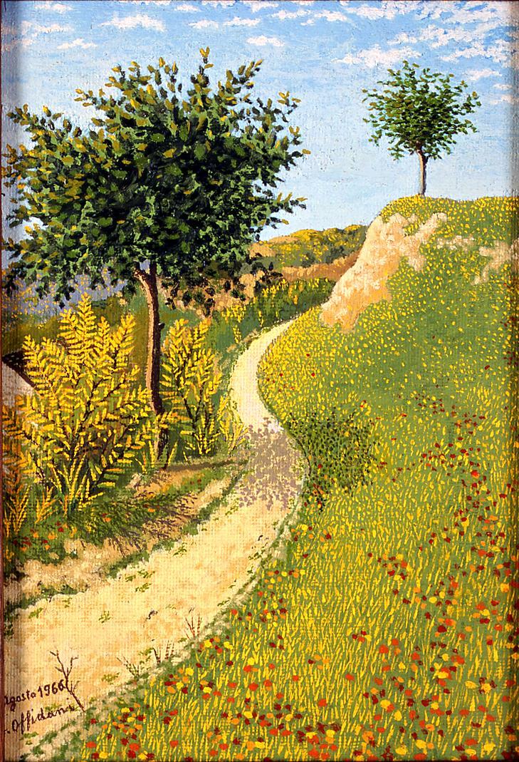Sant'Elpidio a Mare: verso i monti di Santa Lucia, veduta dei monti di Santa Lucia nei pressi di Sant'Elpidio a Mare (dipinto) di Offidani Germano (sec. XX)