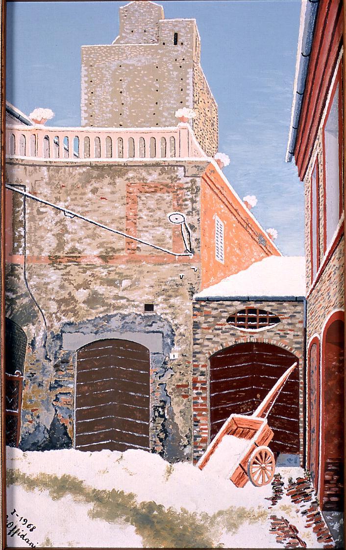 neve a Sant'Elpidio a Mare, veduta di Sant'Elpidio a Mare con la neve (dipinto) di Offidani Germano (sec. XX)