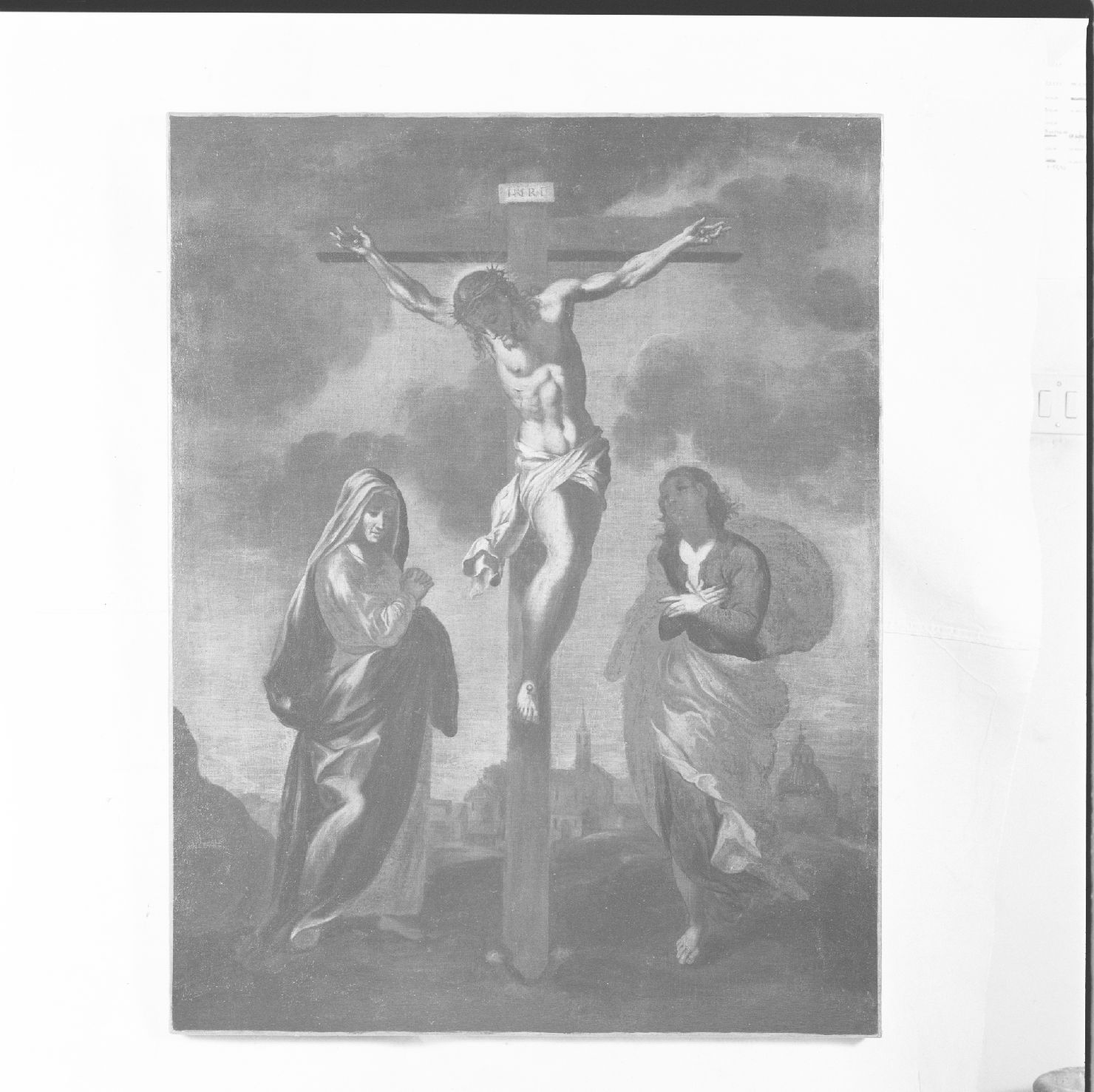 Cristo crocifisso con la Madonna e San Giovanni (dipinto) di Negretti Jacopo detto Palma il Giovane (maniera) (primo quarto sec. XVII)