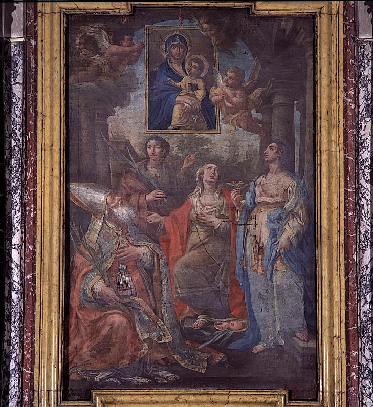 San Biagio, Sant'Agata, Santa Lucia e Sant'Apollonia venerano la Madonna di San Luca (dipinto) di Agabito Vitto (sec. XVIII)