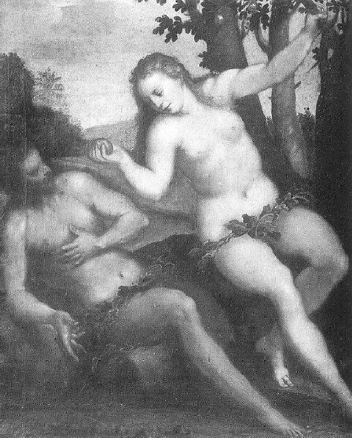 Eva offre il frutto ad Adamo (dipinto) di Negretti Jacopo detto Palma il Giovane (maniera) (prima metà sec. XVII)