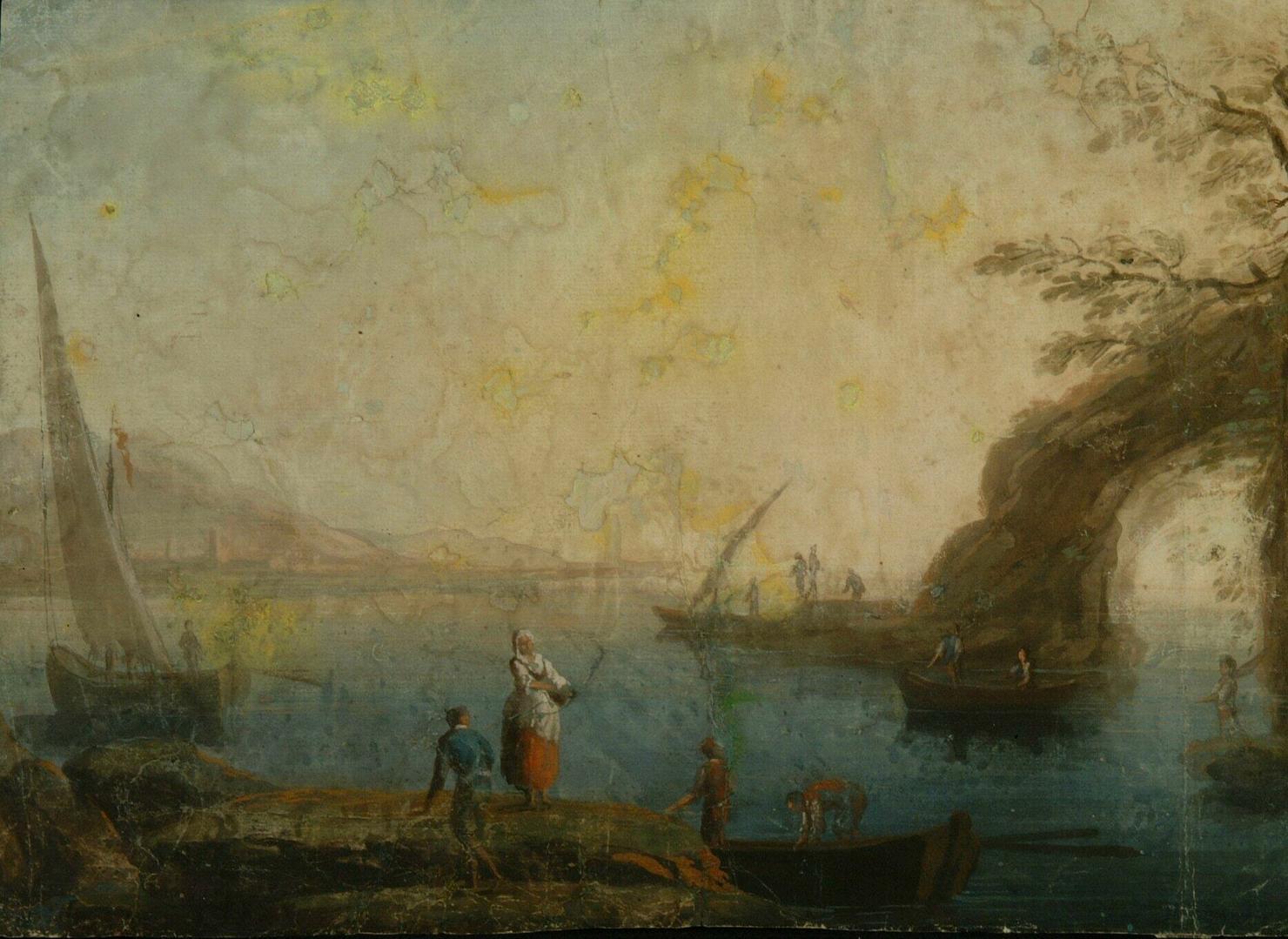 marina con pescatori e barche (dipinto) di Manglard Adrien (attribuito) (sec. XVIII)