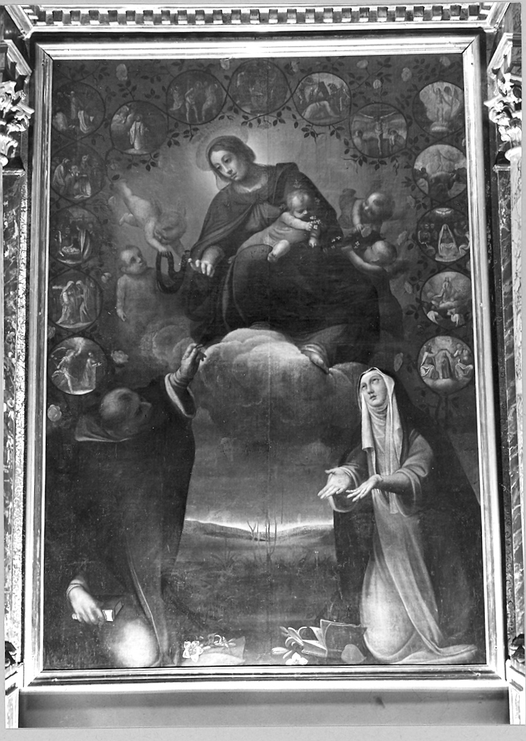 Madonna del Rosario con San Domenico e Santa Caterina da Siena (dipinto) di Roncalli Cristoforo detto Pomarancio (sec. XVII)