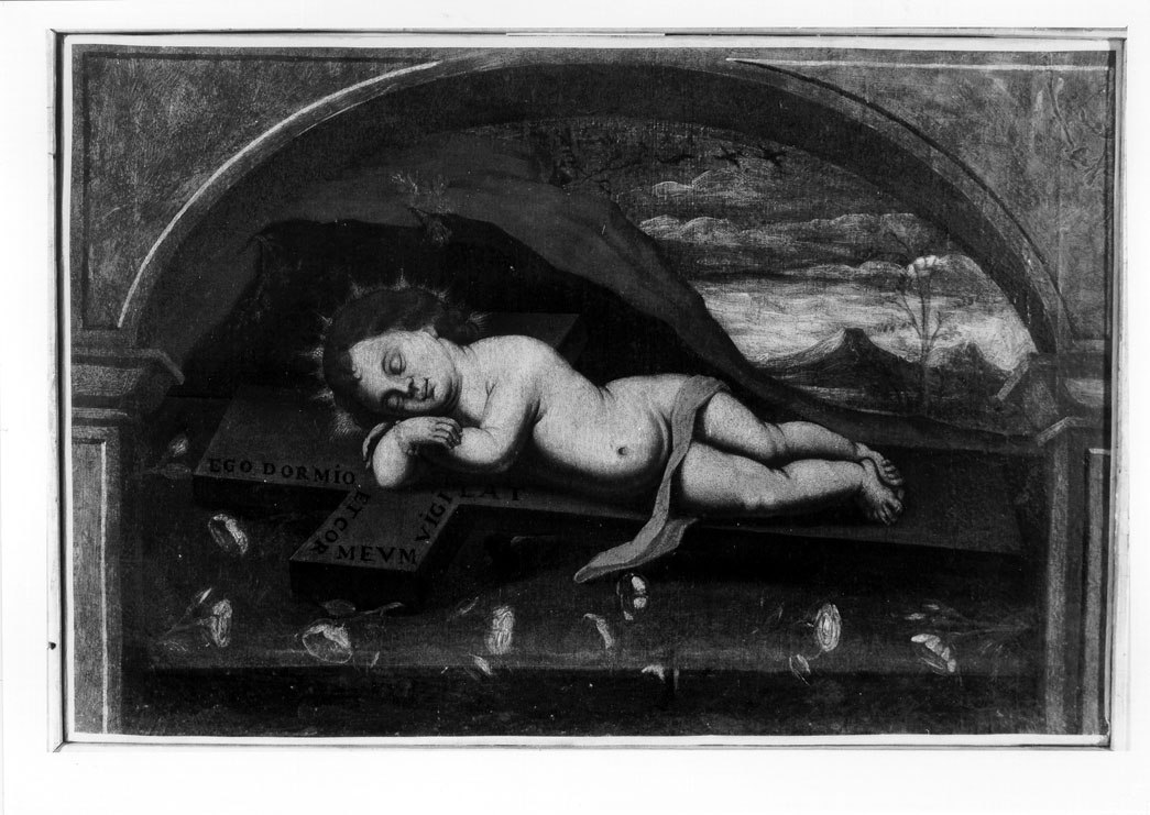 Gesù Bambino dormiente sulla croce (dipinto) - ambito marchigiano (sec. XVII)