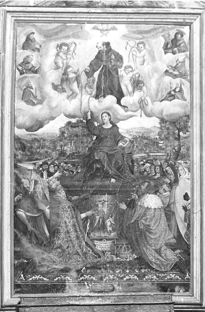 Maria Vergine e San Francesco d'Assisi distribuiscono i cordoni (dipinto) - ambito marchigiano (sec. XVI)